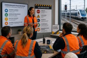 Équipe ferroviaire participant à une réunion de sensibilisation aux consignes de sécurité