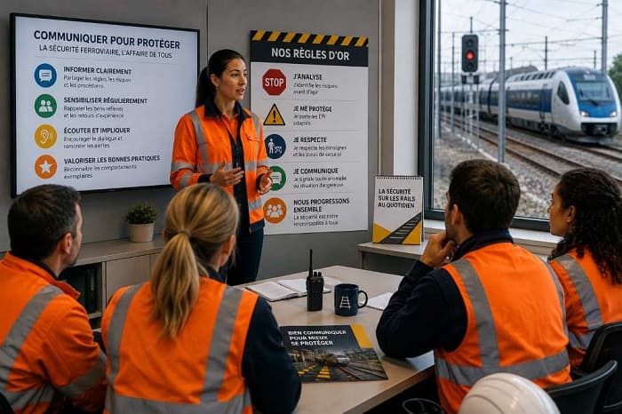 Équipe ferroviaire participant à une réunion de sensibilisation aux consignes de sécurité