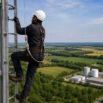 Technicien relié à une ligne de vie verticale lors d’une ascension