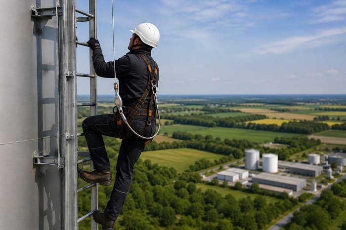 Technicien relié à une ligne de vie verticale lors d’une ascension